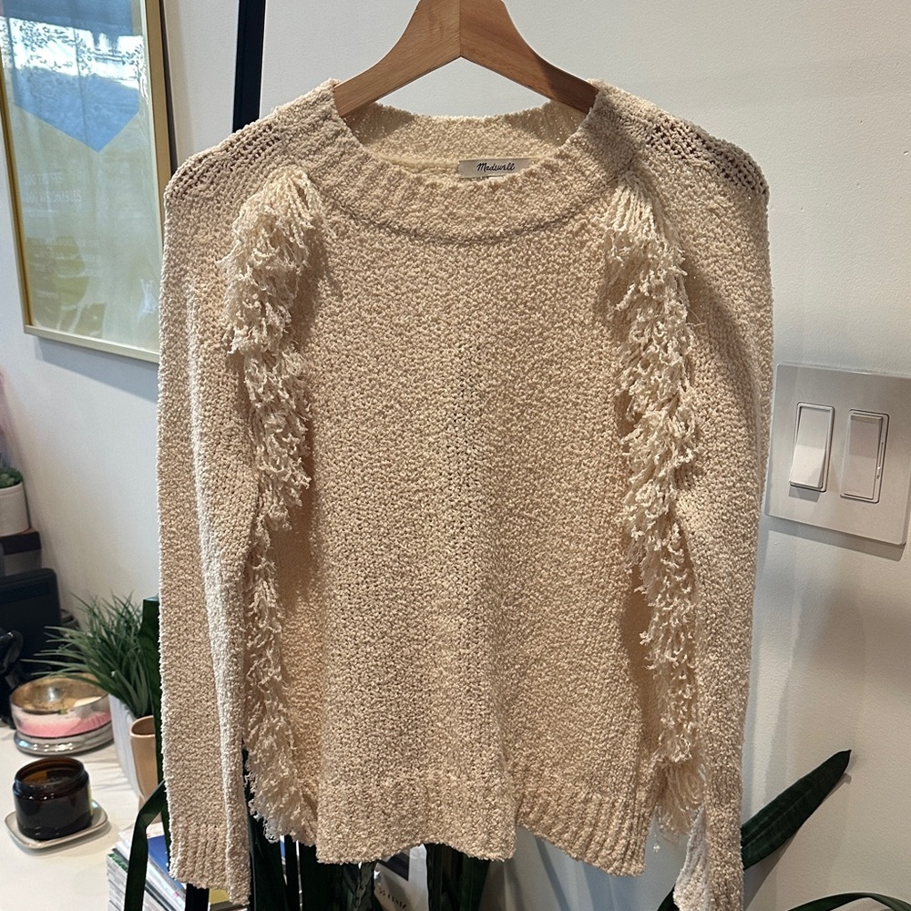 Madewell Cream Textured Sweater with Fringe
